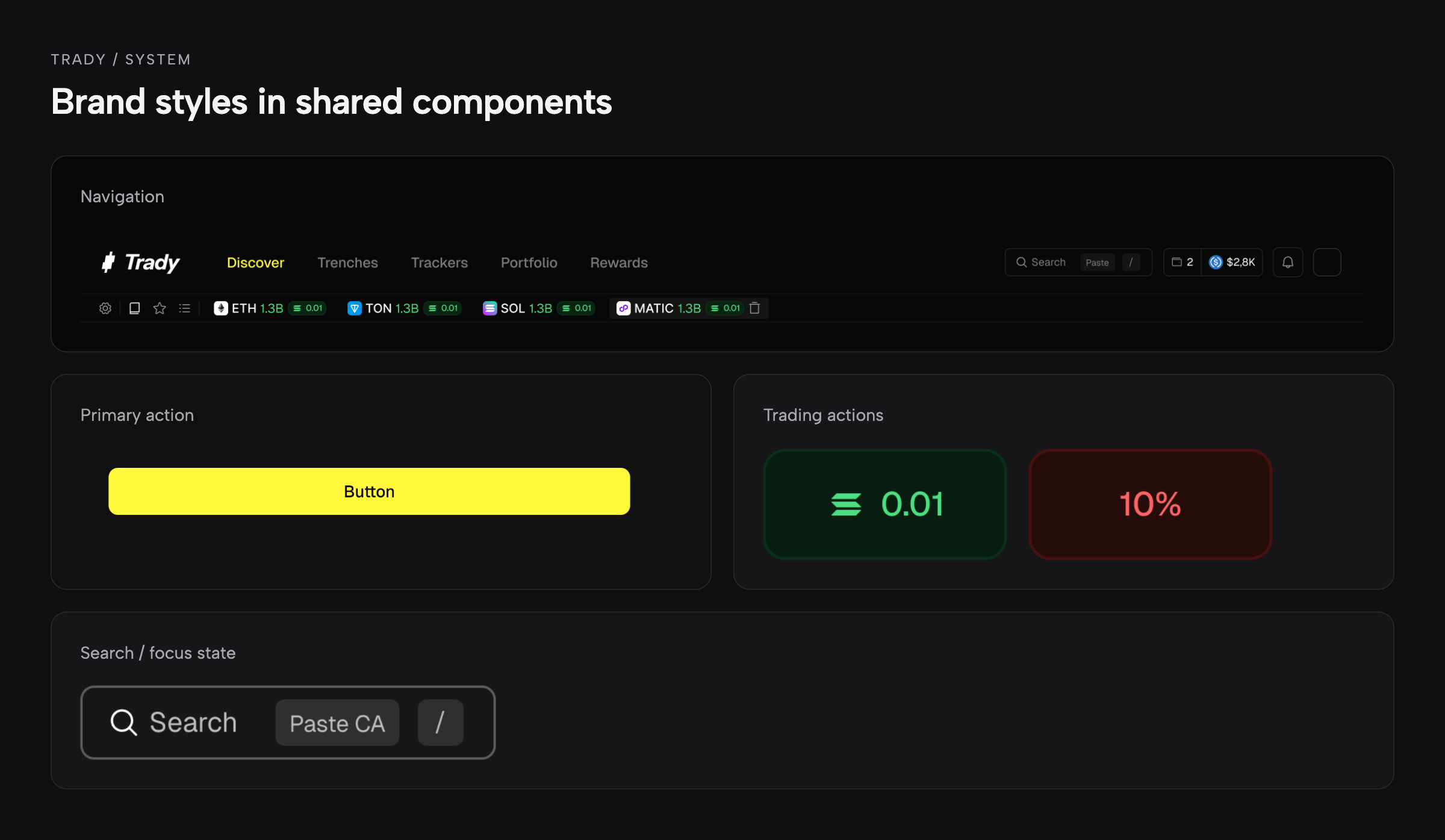 Brand styles applied to shared components: navigation, primary buttons, and trading actions